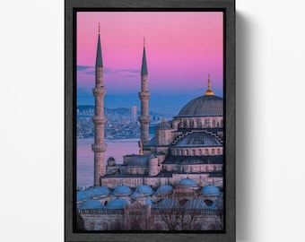 Blue Mosque Istanbul Vegan Leather Wall Art: Pink Sky Home Decor