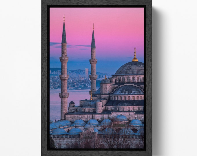 The Blue Mosque Sultan Ahmed Mosque Istanbul Pink Sky Wall Art Home Decor Canvas Eco Lather Print, Made in Italy!