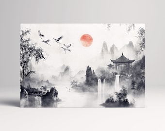 Chinese Ink Landscape Print: Cranes in Flight, Vegan Leather Wall Decor