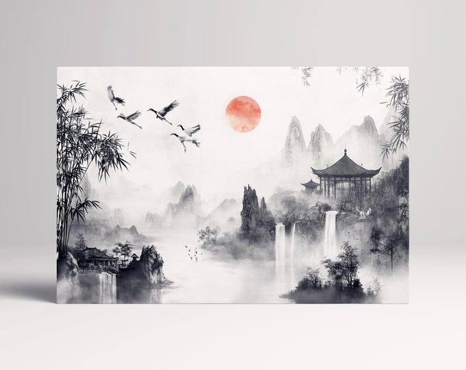 Cranes in Flight: Chinese Black and White Ink Landscape Wall Decor Eco Leather Print, Made in Italy!