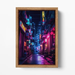 Cyberpunk Neon Cityscape Canvas Wall Art - Futuristic Urban Night Scene | Sci-Fi Aesthetic Gallery Wrap Eco Leather Print, Made in Italy!