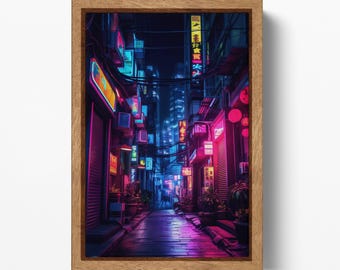 Cyberpunk Neon Cityscape Vegan Leather Canvas Art - Made in Italy