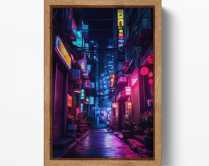 Cyberpunk Neon Cityscape Canvas Wall Art - Futuristic Urban Night Scene | Sci-Fi Aesthetic Gallery Wrap Eco Leather Print, Made in Italy!