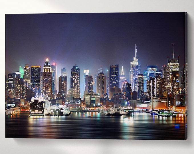 New York City Manhattan Skyline over Hudson River Leather Print, Made in Italy!