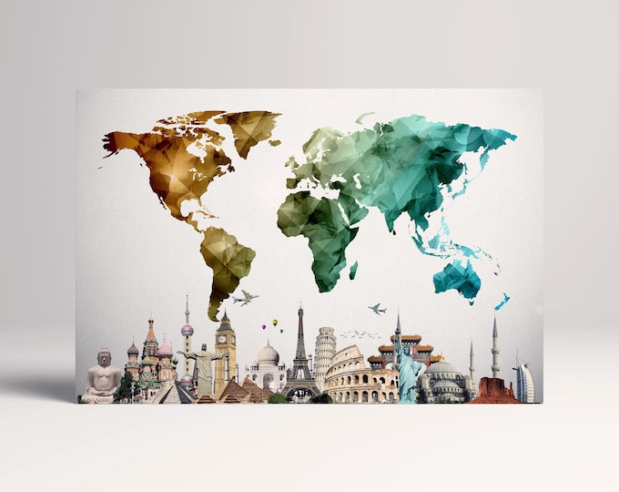 Color World Map Vector with Monuments Wall Art Canvas Eco Leather Print, Made in Italy!