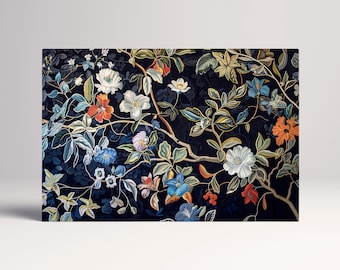 Elegant Blue Floral Wall Art Vegan Leather Canvas Print Ready to Hang