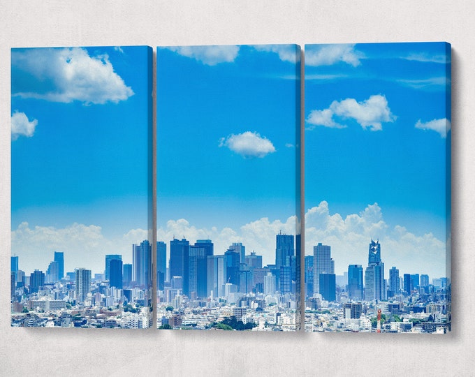 Tokyo Skyline Blue Sky Canvas Wall Art Eco Leather Print, Made in Italy!