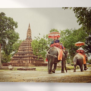 Ayutthaya, Thailand Walking with Elephants Canvas Eco Leather Print, Made in Italy!