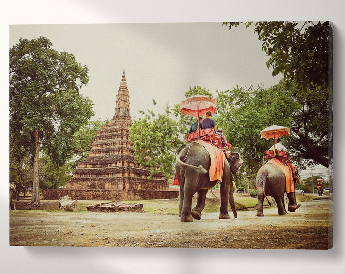 Ayutthaya, Thailand Walking with Elephants Canvas Eco Leather Print, Made in Italy!