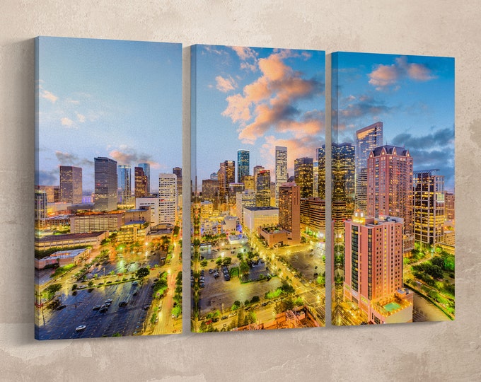 Houston Skyline Sunset Building Lights Leather Print/Large Houston Print/Wall Decor/Multi Panel Wall Art/Made in Italy/Better than Canvas!