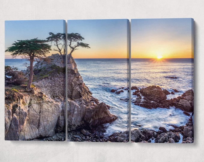 Lone Cypress Pebble Beach California Wall Art Framed Canvas Eco Leather Print, Made in Italy!