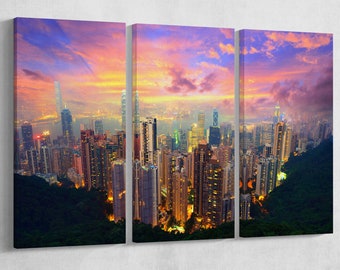 Electric Hong Kong Skyline PETA Approved Faux Leather Canvas Wall Art