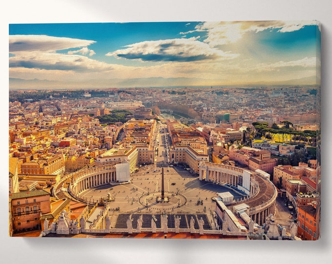 Saint Peter's Square in Vatican Rome Aerial View Wall Art Canvas Eco Leather Print, Made in Italy!