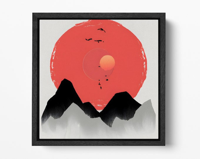 Japanese Sun In The Mountains Artwork Square Framed Canvas Wall Art Leather Print