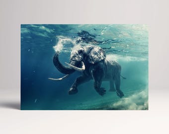 Elephant Swimming Underwater PETA Approved Eco Leather Multi Panel Animal Wall Art Decor