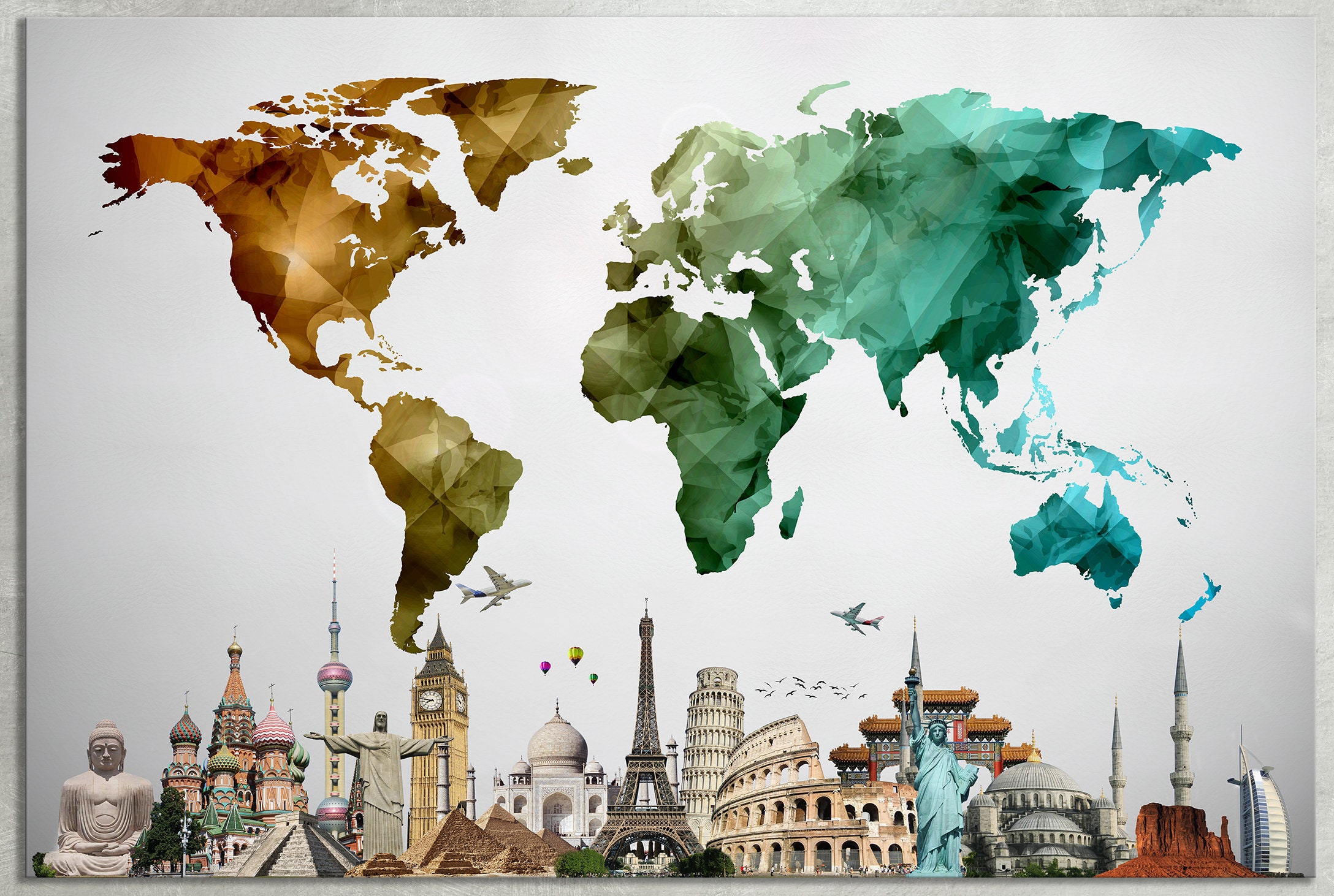 large color world map vector with monuments leather print