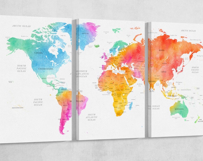 High Details Push Pin Multicolor World Map Artwork Canvas Leather Print