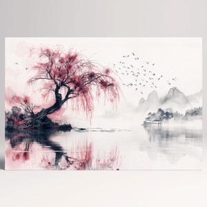 Riflessi di Sakura Stampa in Stile Giapponese Canvas su Tessuto Eco Pelle, Made in Italy!