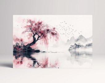 Whispering Sakura Reflections Japanese Style Canvas Wall Art Eco Leather Print, Made in Italy!