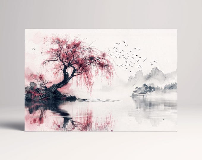 Whispering Sakura Reflections Japanese Style Canvas Wall Art Eco Leather Print, Made in Italy!
