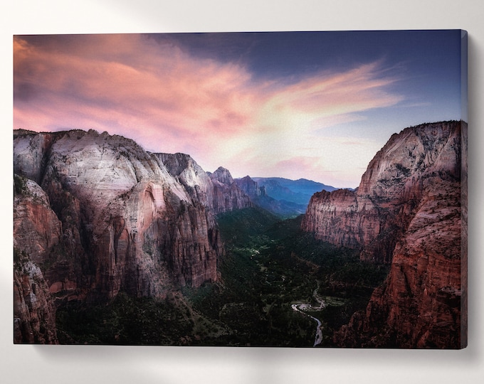 Angels Landing at Zion National Park, Utah Pink Sky USA Canvas Eco Leather Print, Made in Italy!
