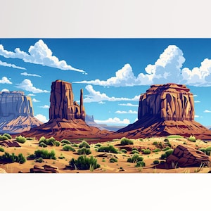 Deserto Western USA Monument Valley Stile Fumetto Stampa Canvas su Tessuto Ecopelle Made in Italy