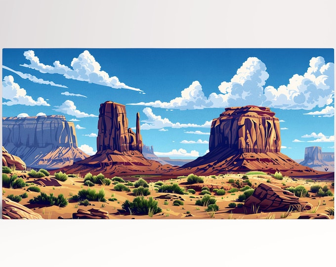 Monument Valley Southwest Desert Cartoon Wall Art Eco Leather Home Decor Canvas Print, Made in Italy!