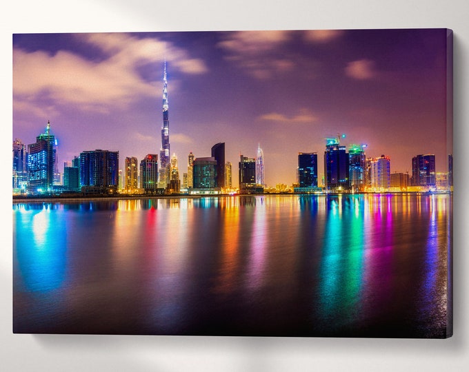Dubai lights skyline at dusk UAE wall art canvas eco leather print, Made in Italy!