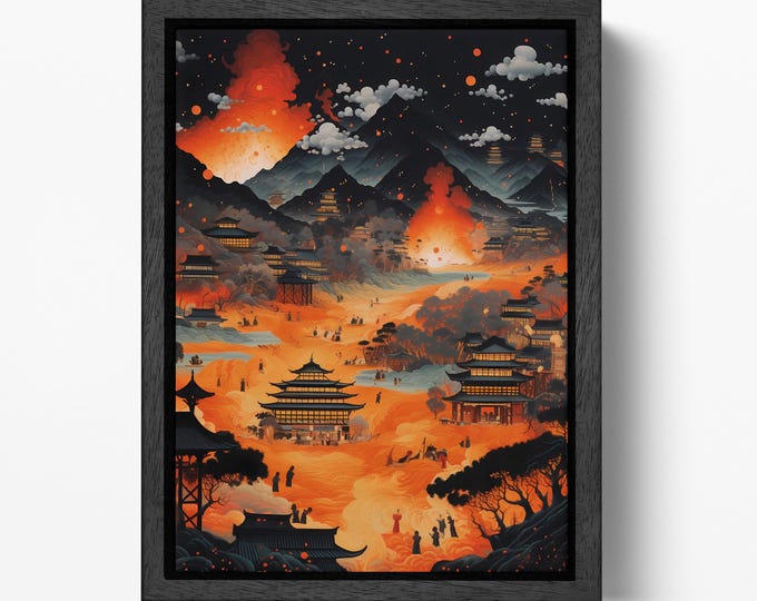Fiery Landscape: Asian Temples and Volcano Eruption - Canvas Wall Art Eco Leather Print, Made in Italy!