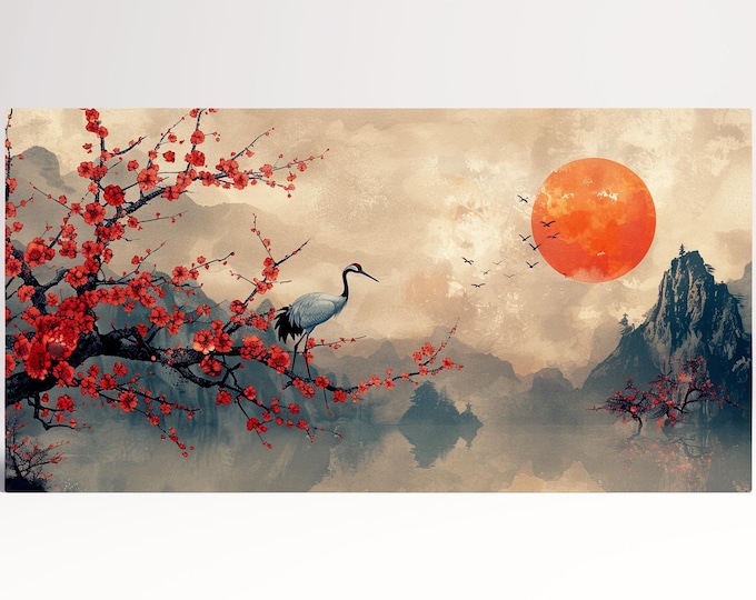 Harmony of the Vermilion Bloom Crane on a Scarlet Branch at Dusk Wall Art Home Decor Framed Canvas Print, Made in Italy!