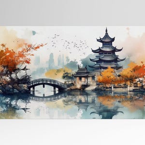 Sussurri d'Autunno alla Pagoda sul Lago - Un Sogno Giapponese Stampa da Arredo su Tessuto Ecopelle Made in Italy