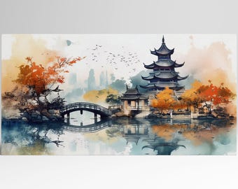 Whispers of Autumn Lake Pagoda Japan PETA Vegan Leather Gallery Wrap Print