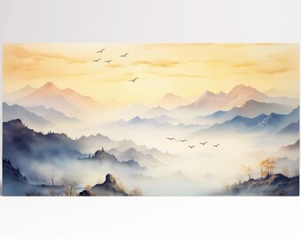Beige Japan Mountain Sunrise Art PETA Approved Eco Leather Canvas Triptych or Single