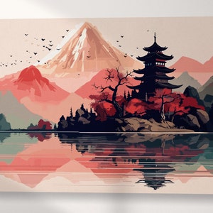 Arte Giapponese rossa stampa canvas da arredo ecopelle Made in Italy