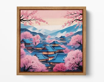 Japan Cherry Blossom Village PETA Approved Eco Leather Canvas Square Wall Art