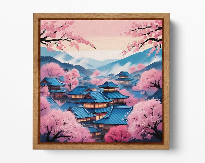 Cherry Blossom Village in Japan Wall Art Canvas Eco Leather Print, Made in Italy!