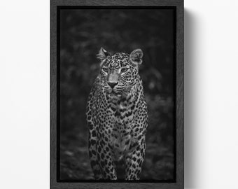 Leopard Portrait Black and White Wall Art Vegan Leather Frame Canvas Print