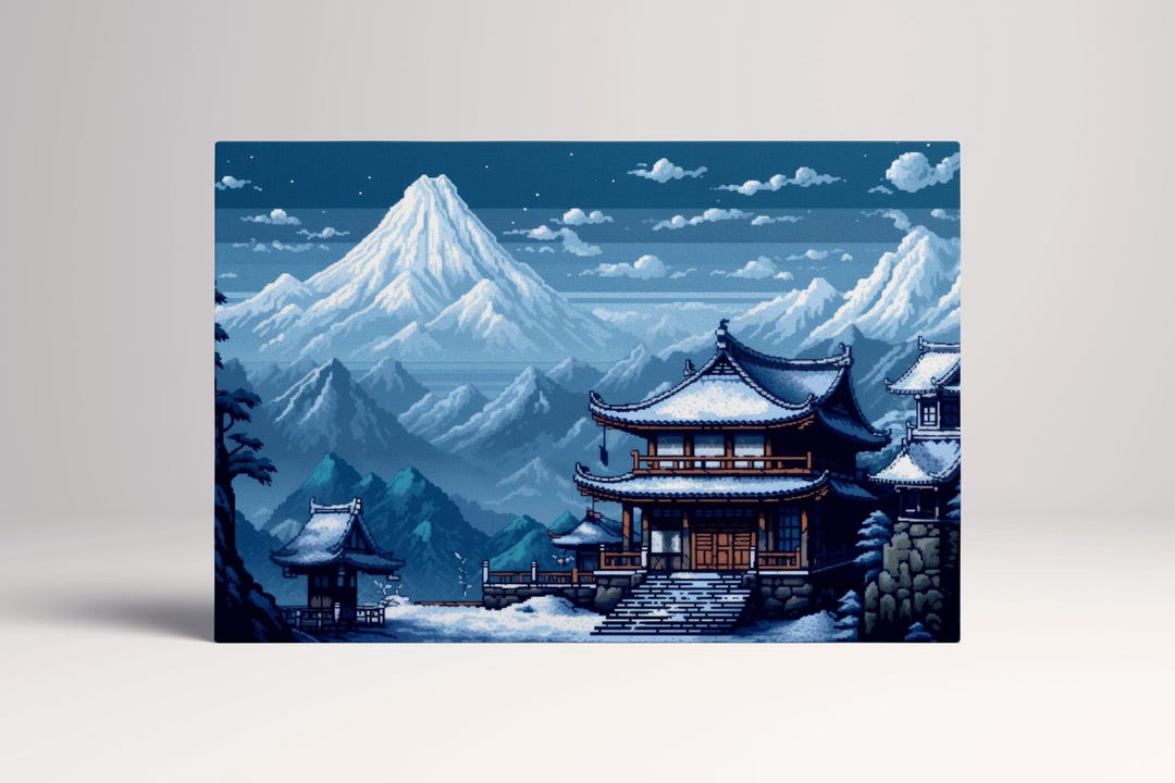 Pixel Art 8-bit Winter Temple Scene Japanese Snowy Mountains