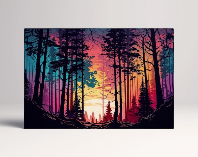 Rainbow Forest Sunrise Multicolored Woodland Scene Vibrant Canvas Wall Art Art Home Decor Eco Leather Print, Made in Italy!
