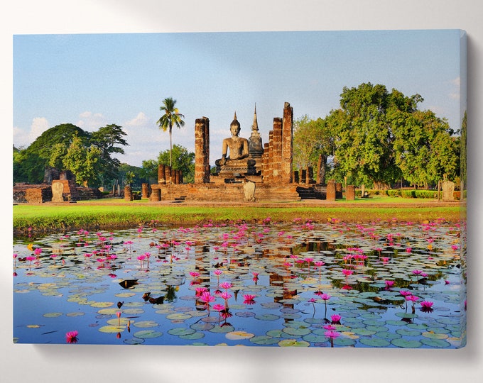 Buddhist Temple Wat Mahathat Sukhothai Historical Park Canvas Eco Leather Print, Made in Italy!