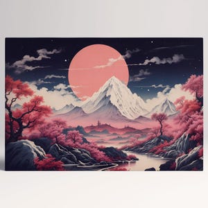 Chiaro di Luna Rosa Montagne Giapponesi Decorazione da Parete Canvas Stampa su Tessuto Ecopelle, Made in Italy!