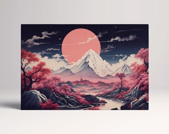 Pink Moonrise Sakura Mountain PETA Vegan Leather Gallery Wrap Print