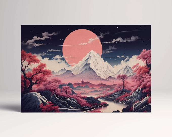 Dramatic Pink Moonrise Over Sakura Peaks Japanese Mountain Canvas Home Art Wall Decor Eco Leather Print, Made in Italy!