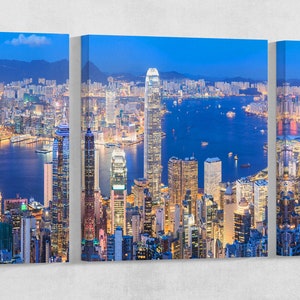 Hong Kong Skyline at Night Leather Print/Large Hong Kong Skyline/Hong Kong Wall Art/Large Wall Decor/Made in Italy/Better than Canvas!