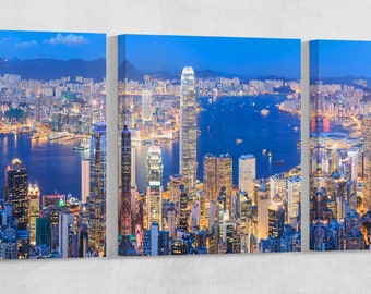 Hong Kong Skyline Victoria Harbour PETA Approved Eco Leather Canvas Single Triptych Art