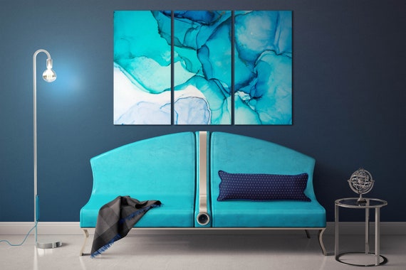 Light blue shades marble pattern framed canvas leather print