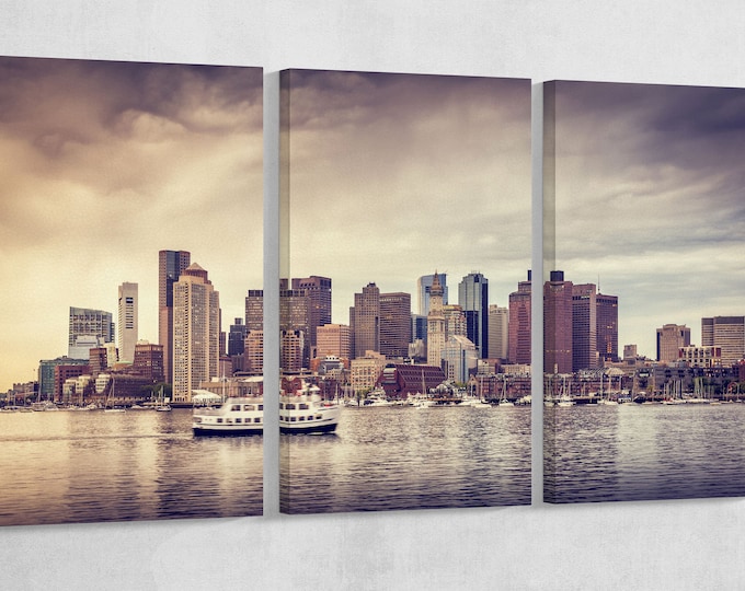 Skyline of Boston Leather Print/Large Wall Art/Large Wall Decor/Multi Panel Boston Print/Boston Skyline/Made in Italy/Better than Canvas!