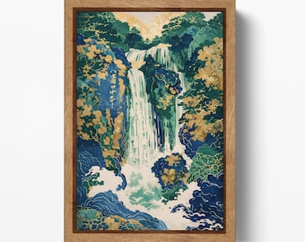 Hokusai Ukiyo-e Waterfall Wall Art Blue Green Japan Landscape Vegan Leather Print