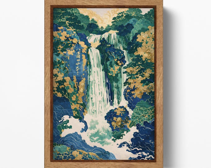 Hokusai Ukiyo-e Waterfall Wall Art Blue Green Japan Landscape Vegan Leather Print