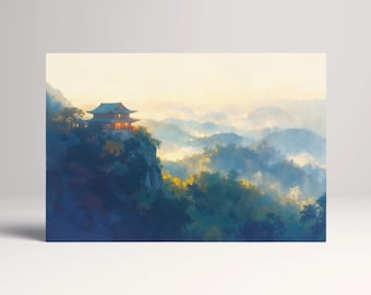 Misty Temple Japanese Landscape Illustration Wall Art Home Gift Eco Leather Print